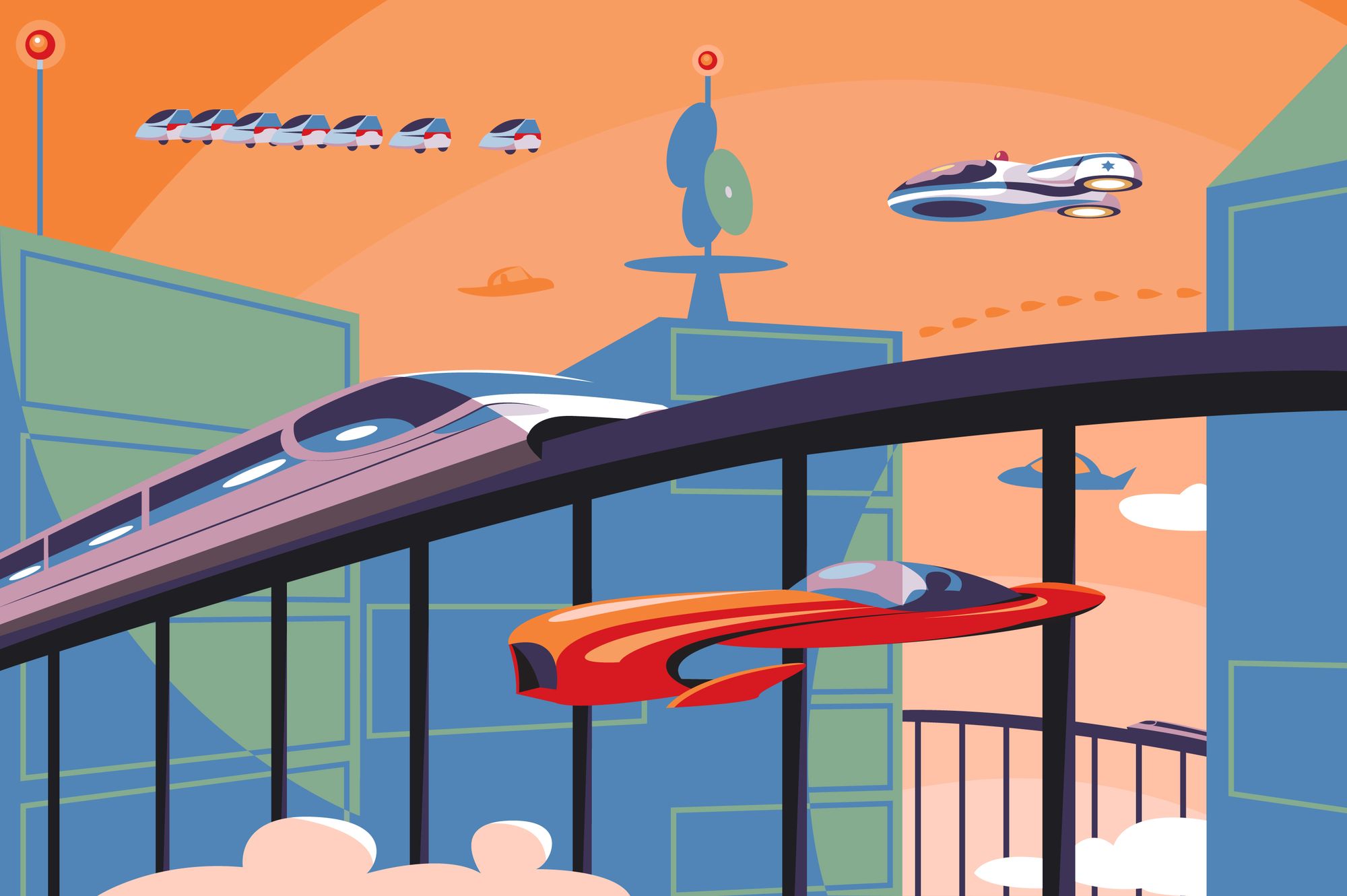 Drawing of futuristic city with flying vehicles and fast-speed bullet trains